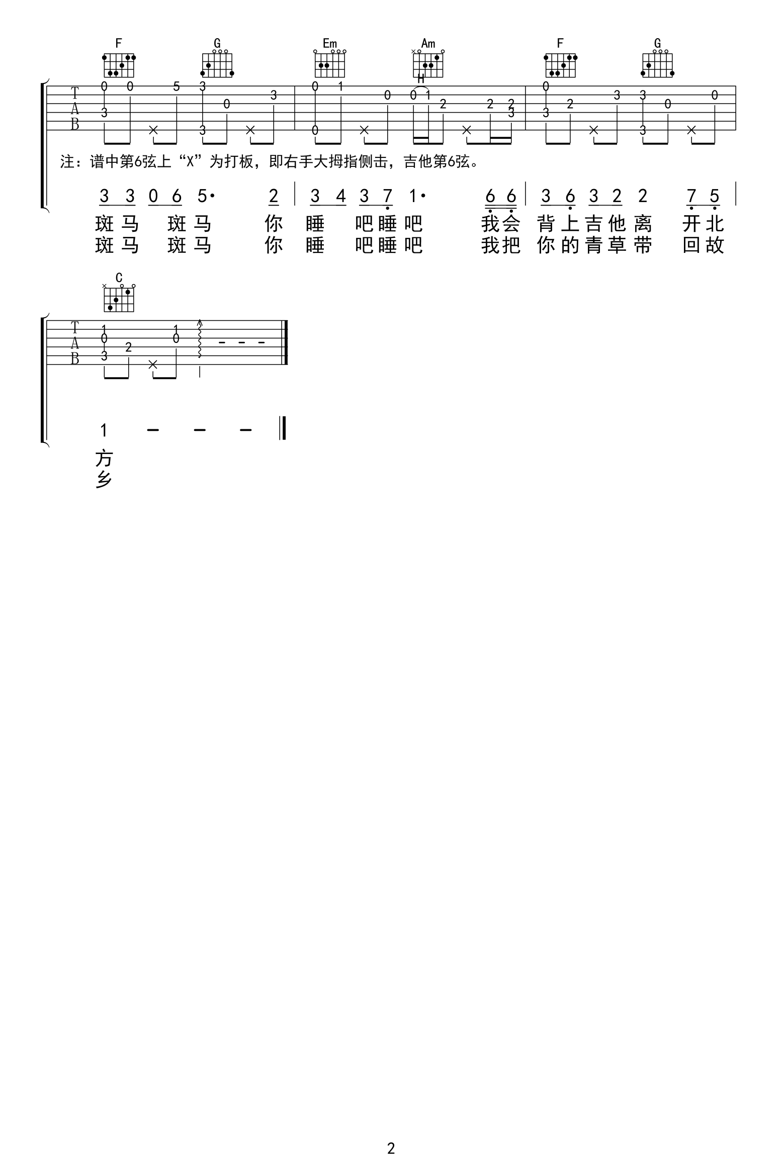 斑马斑马吉他谱-C调简单吉他谱-六线谱高清版-简谱网